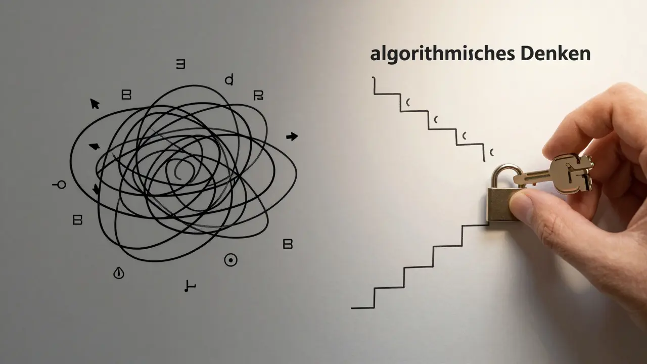 Vergleich von komplexer Syntax und klarem Python-Code als symbolischer Weg zum Denken.